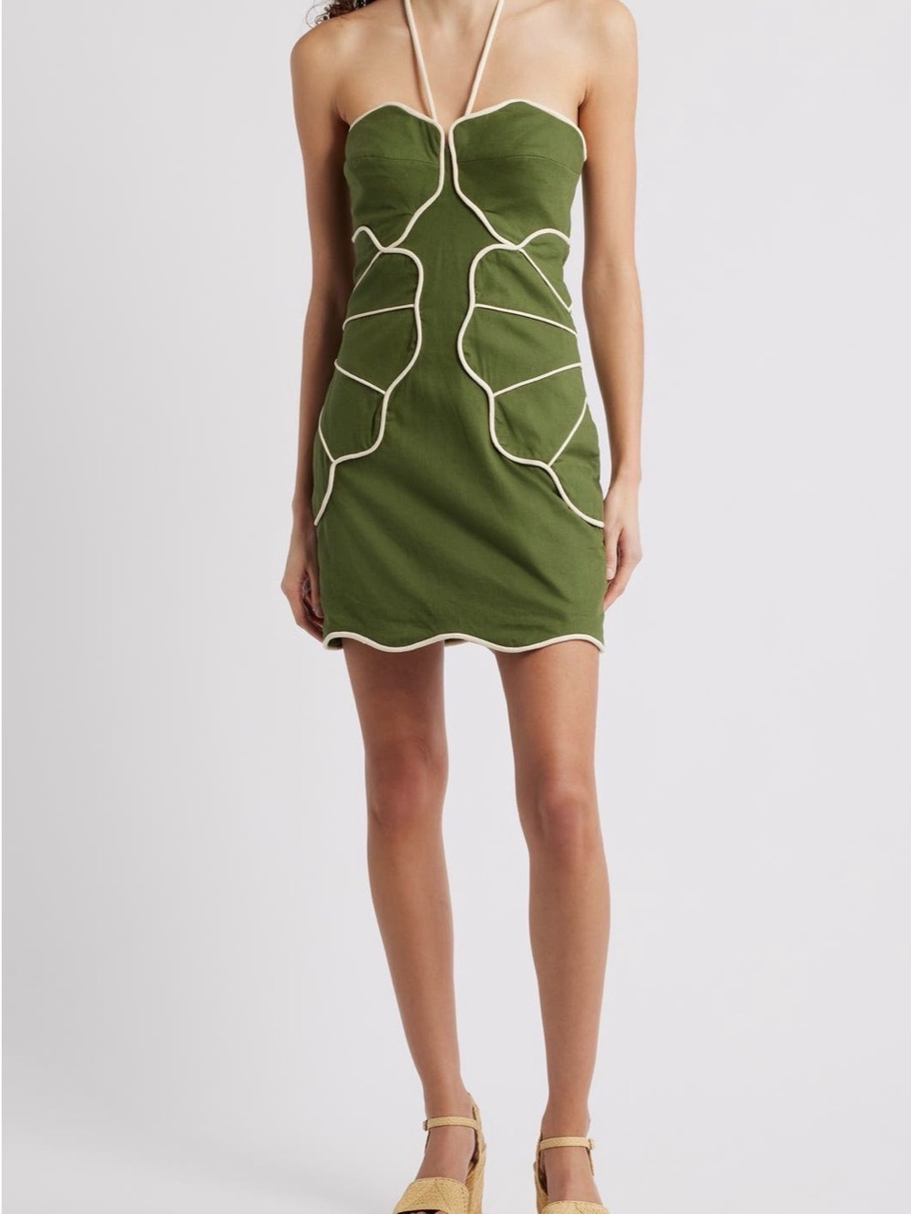 NWT FARM Rio Olive Green WAVY Halter DRESS with Cream Trim XS